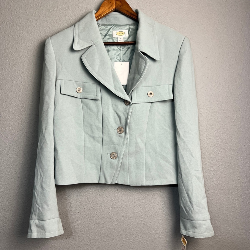 NWT Talbots Blazer Textured Jacket Cropped Career Button Front Sage Green Sz 14